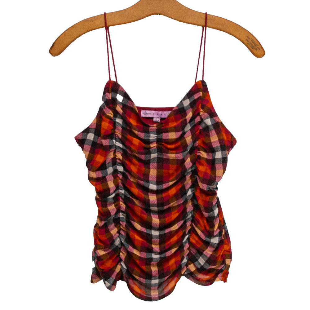 VTG Crave Fame Plaid Camisole Top L Red Orange Ruched Mesh Cami Spaghetti Strap